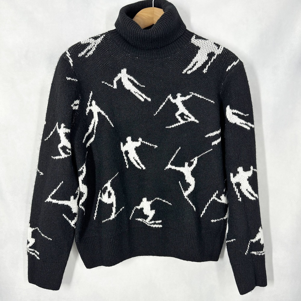 Halogen Skier Pattern Black White Turtleneck Knit Sweater Womens Size Medium